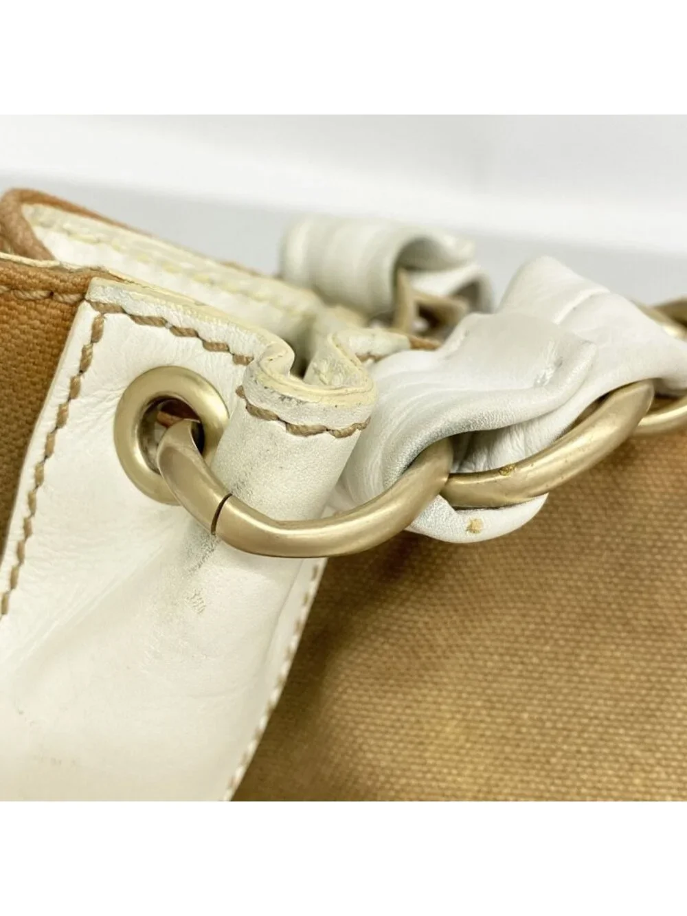 Chanel Chain Tote Canvas Beige White Gold